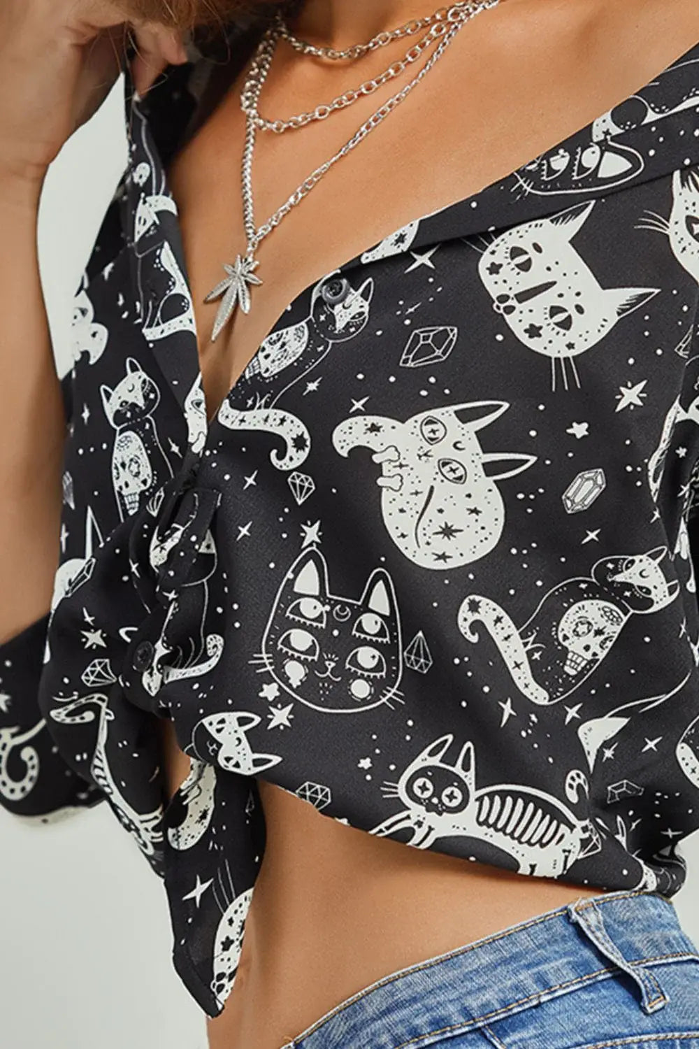 Cat Print Button-Up Shirt - Trendsi - Flyclothing LLC