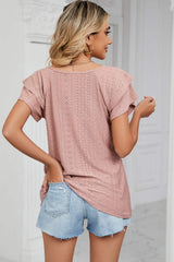 Eyelet V-Neck Short Sleeve T-Shirt - Trendsi - Flyclothing LLC