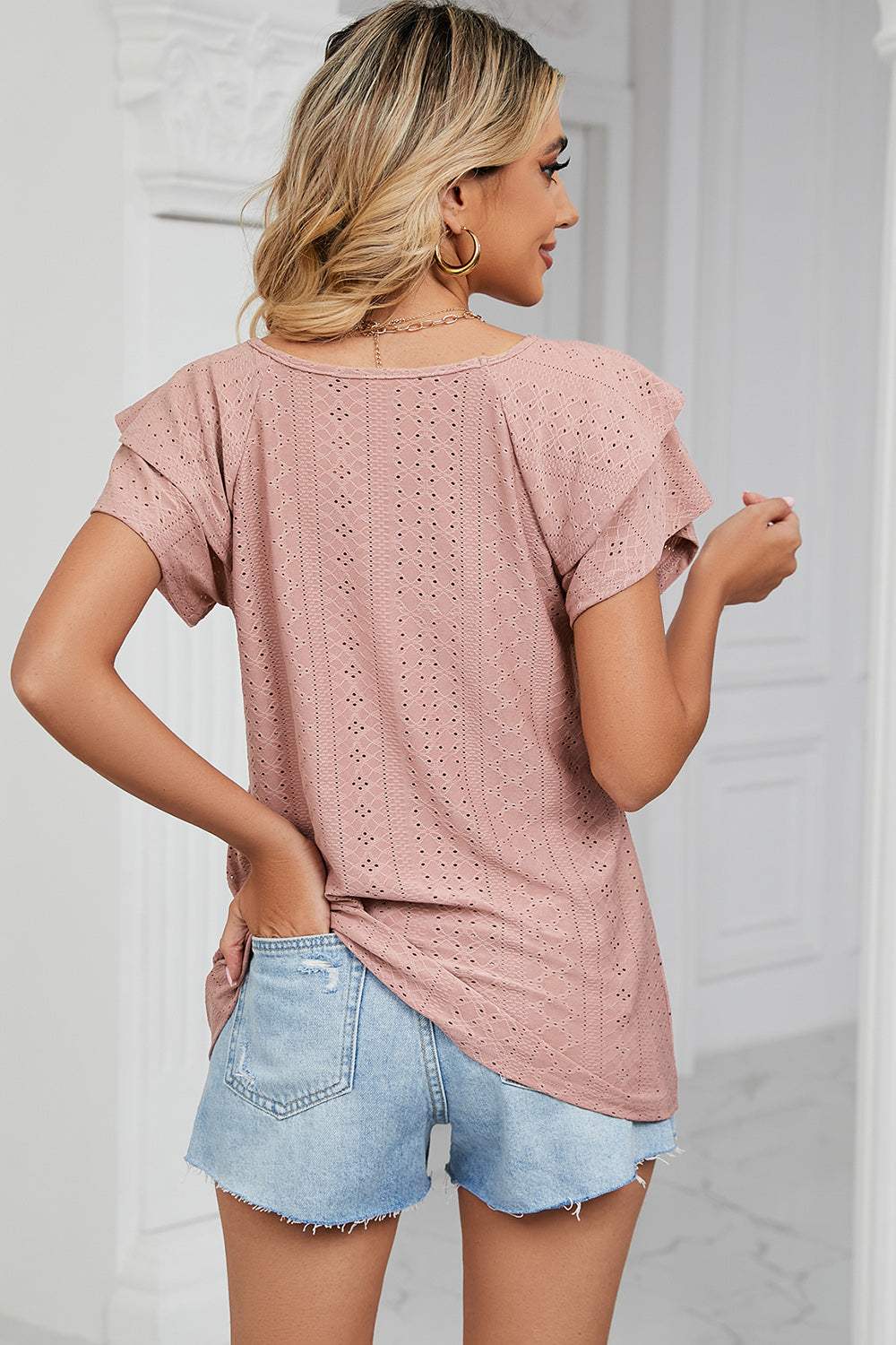 Eyelet V-Neck Short Sleeve T-Shirt - Trendsi - Flyclothing LLC