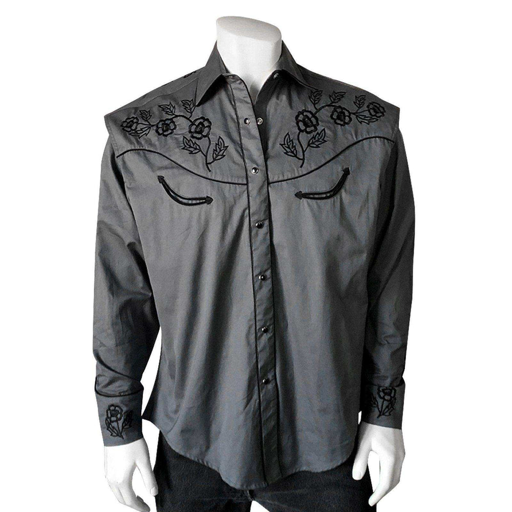 Men's Vintage Grey Floral Embroidered Western Shirt - Rockmount Clothing - Flyclothing LLC