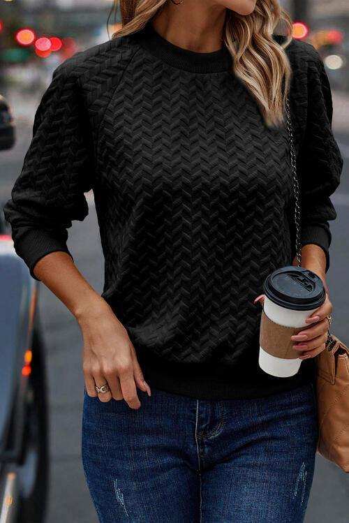 Texture Round Neck Long Sleeve Sweatshirt - Trendsi - Flyclothing LLC