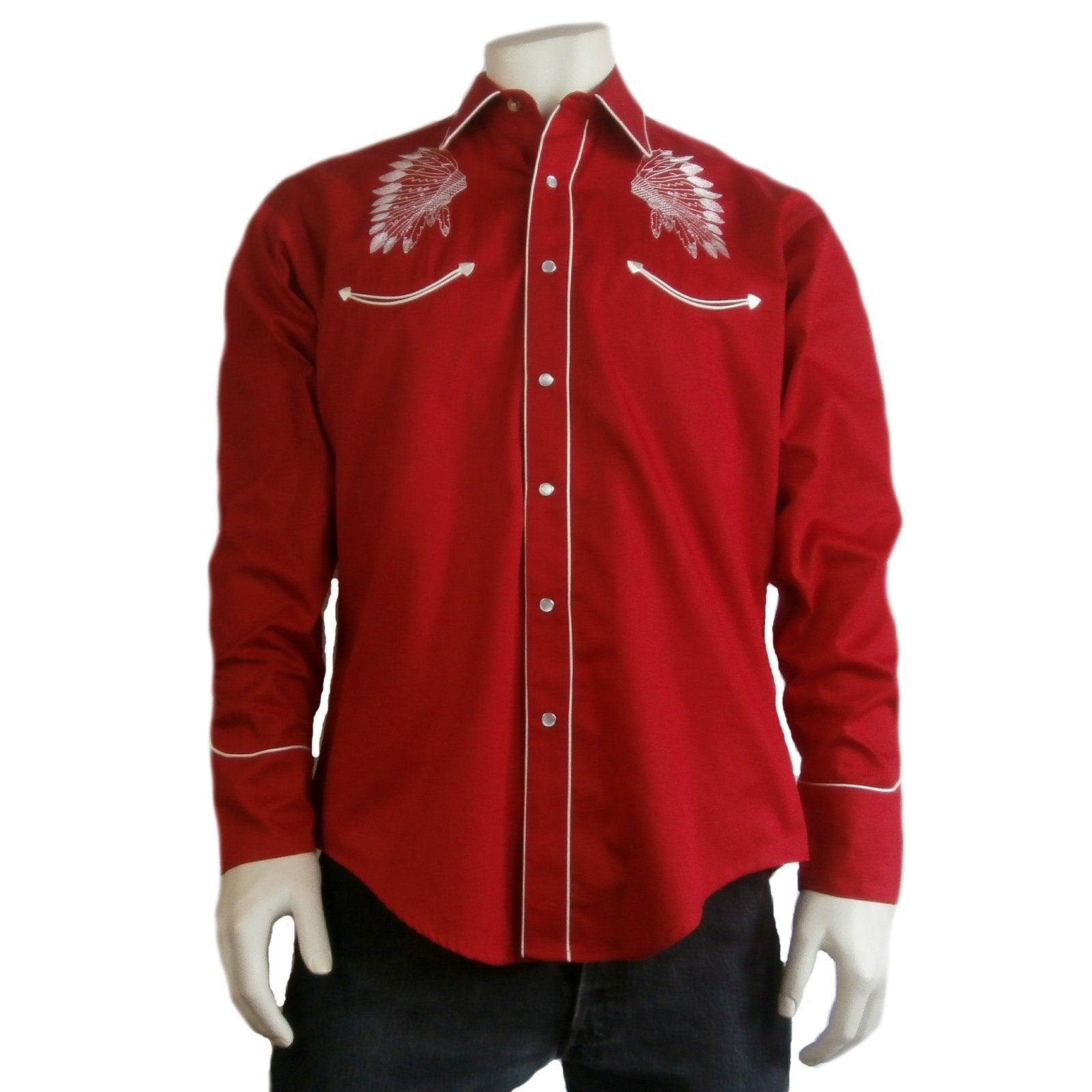 Rockmount Clothing Mens Gabardine Warbonnet Embroidery Western Shirt In Red - Rockmount Clothing