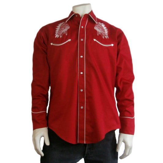 Rockmount Clothing Mens Gabardine Warbonnet Embroidery Western Shirt In Red - Rockmount Clothing