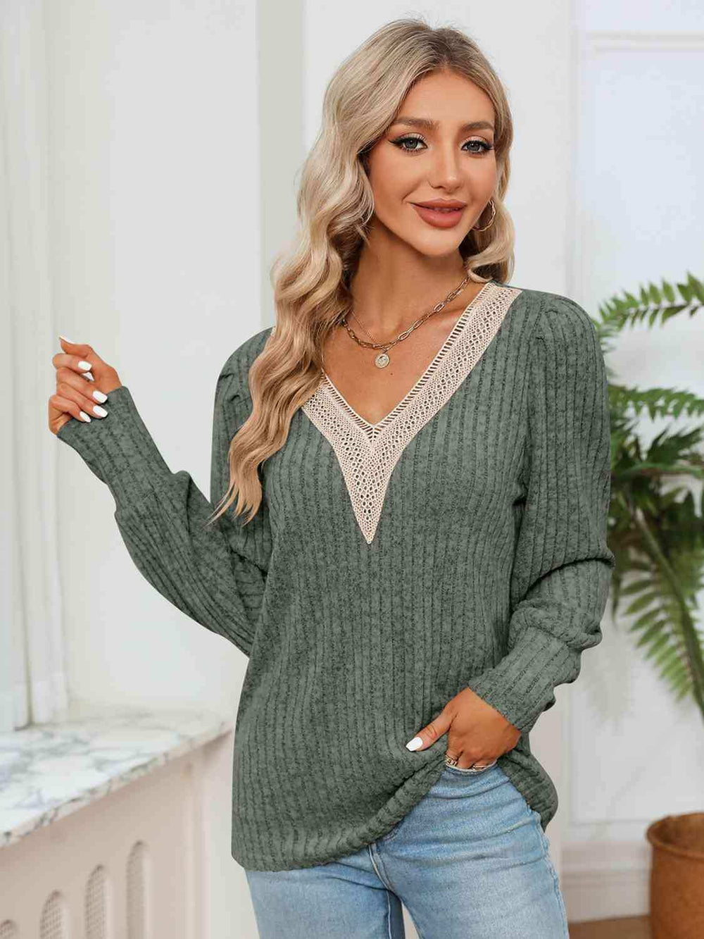 Lace Detail V-Neck Ribbed Blouse - Trendsi - Flyclothing LLC