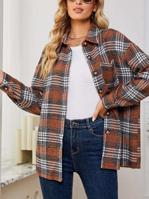 Plaid Collared Shirt Jacket - Trendsi - Flyclothing LLC