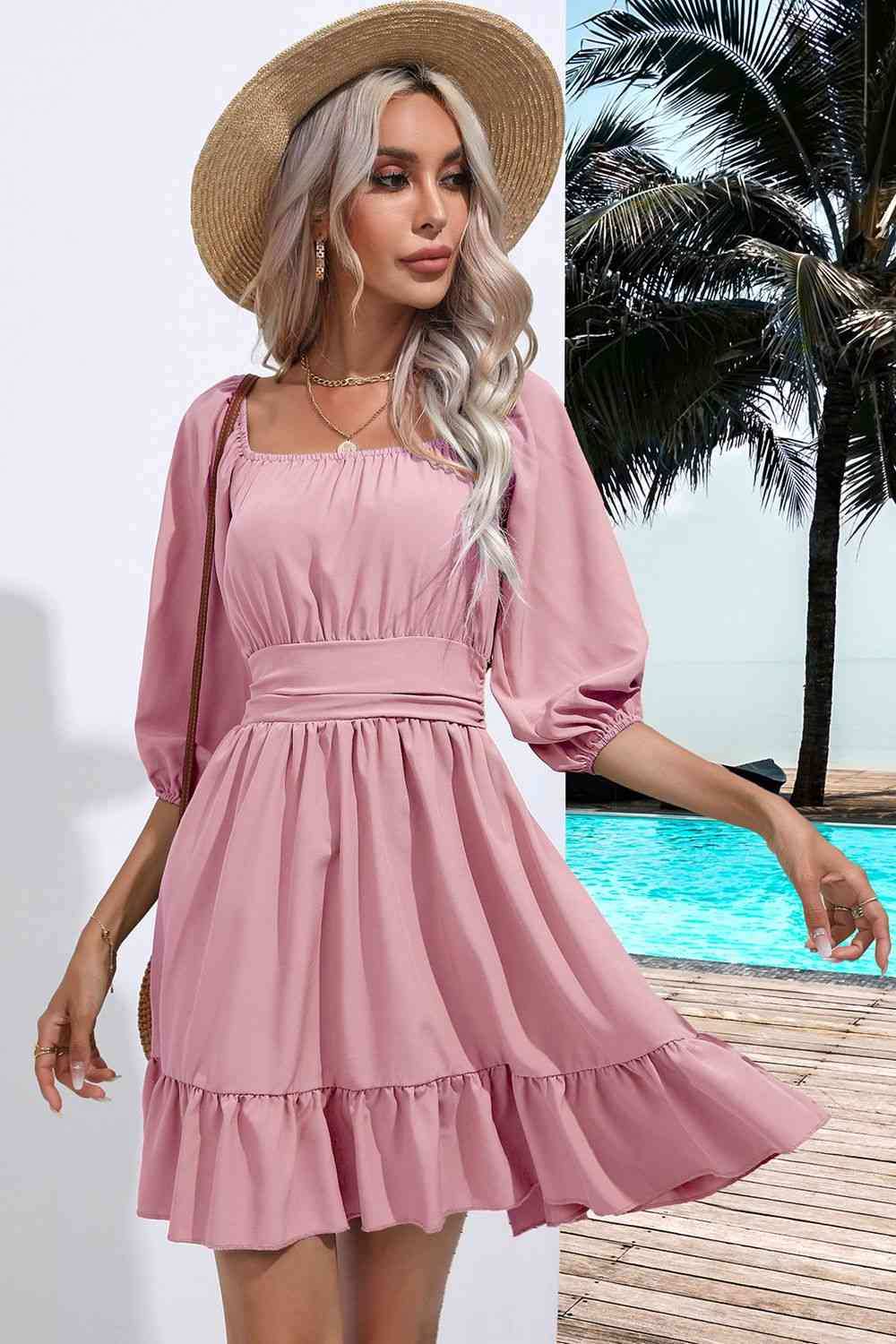 Square Neck Tie Back Ruffle Hem Dress - Trendsi - Flyclothing LLC