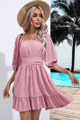 Square Neck Tie Back Ruffle Hem Dress - Flyclothing LLC