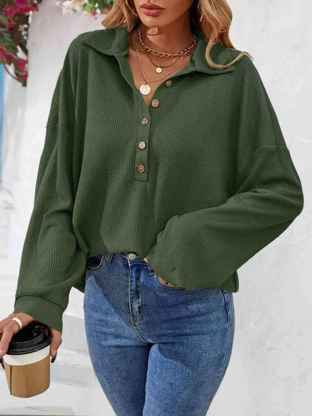 Half Button Collared Neck Long Sleeve Top - Trendsi - Flyclothing LLC