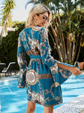 Printed Tie Belt Slit Flare Sleeve Dress - Trendsi