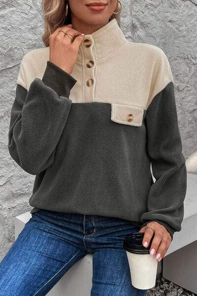 Color Block Quarter Button Dropped Shoulder Sweatshirt - Trendsi - Flyclothing LLC