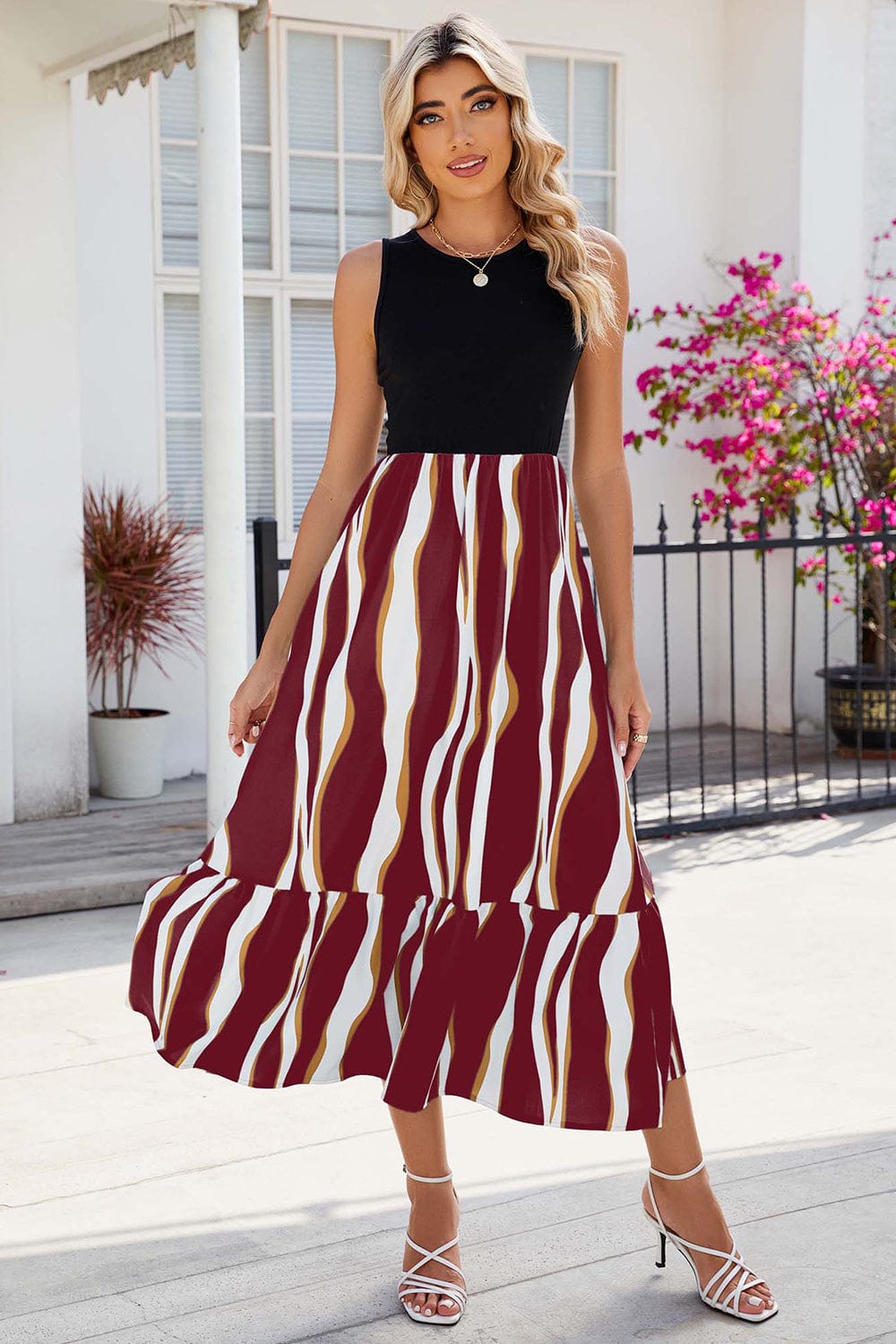 Striped Round Neck Sleeveless Midi Dress - Trendsi