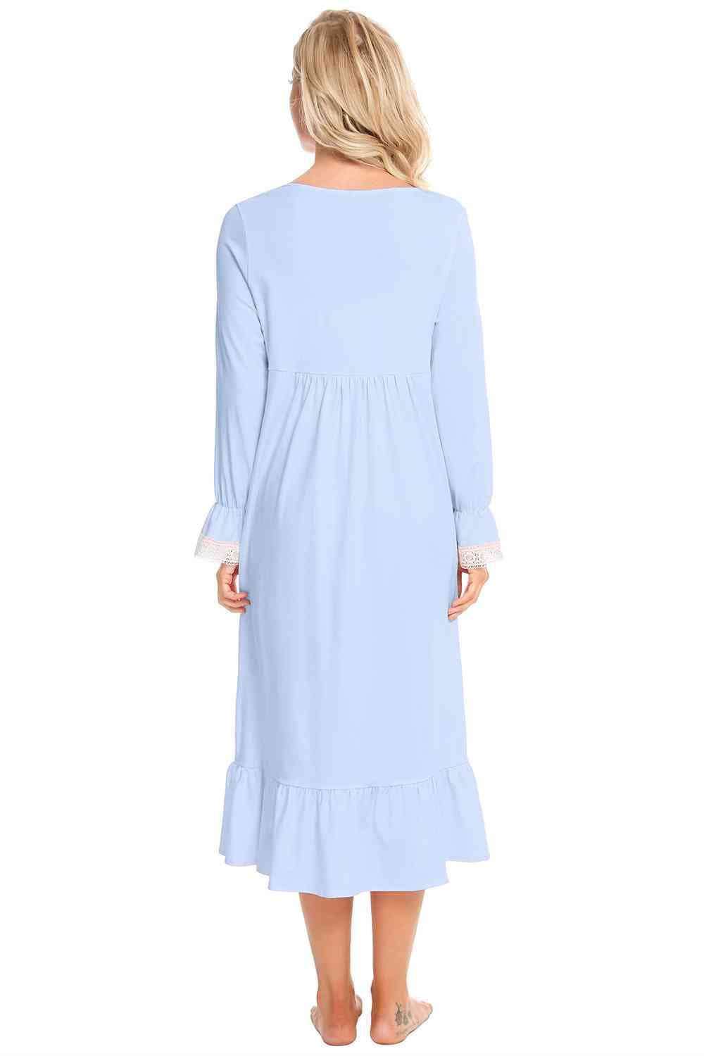 Lace Detail Square Neck Flounce Sleeve Night Dress - Trendsi - Flyclothing LLC