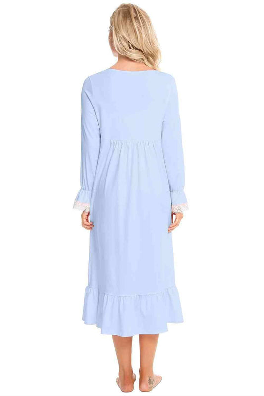 Lace Detail Square Neck Flounce Sleeve Night Dress - Trendsi - Flyclothing LLC