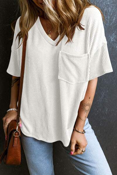 Textured V-Neck Dropped Shoulder T-Shirt - Trendsi - Flyclothing LLC