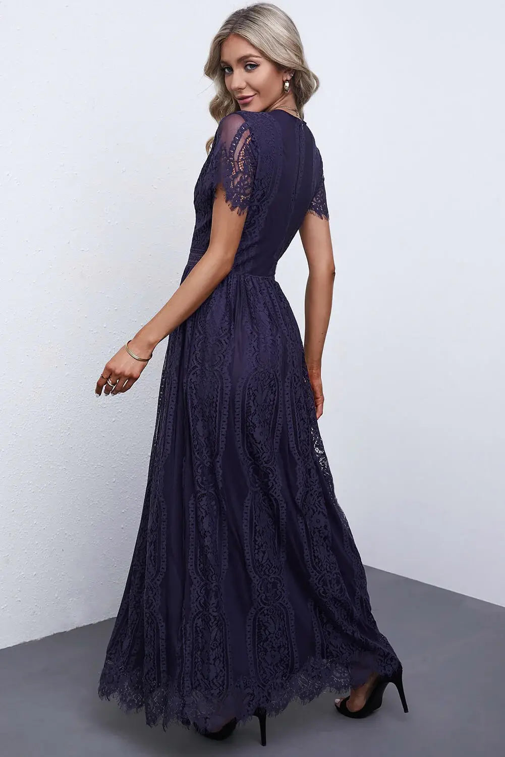 Scalloped Trim Lace Plunge Dress - Trendsi - Flyclothing LLC