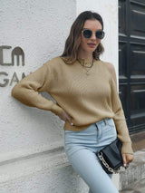 Cold-Shoulder Round Neck Sweater - Trendsi - Flyclothing LLC