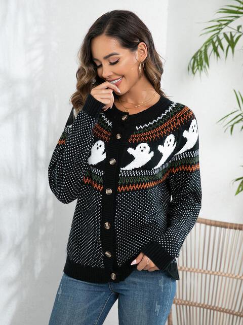 Ghost Button Up Long Sleeve Cardigan - Trendsi