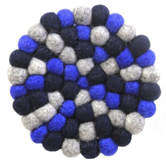 Hand Crafted Felt Ball Coasters from Nepal: 4-pack, Chakra Dark Blues - Global Groove (T) - Global Groove