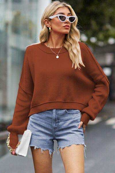 Round Neck Drop Shoulder Long Sleeve Sweater - Trendsi - Flyclothing LLC