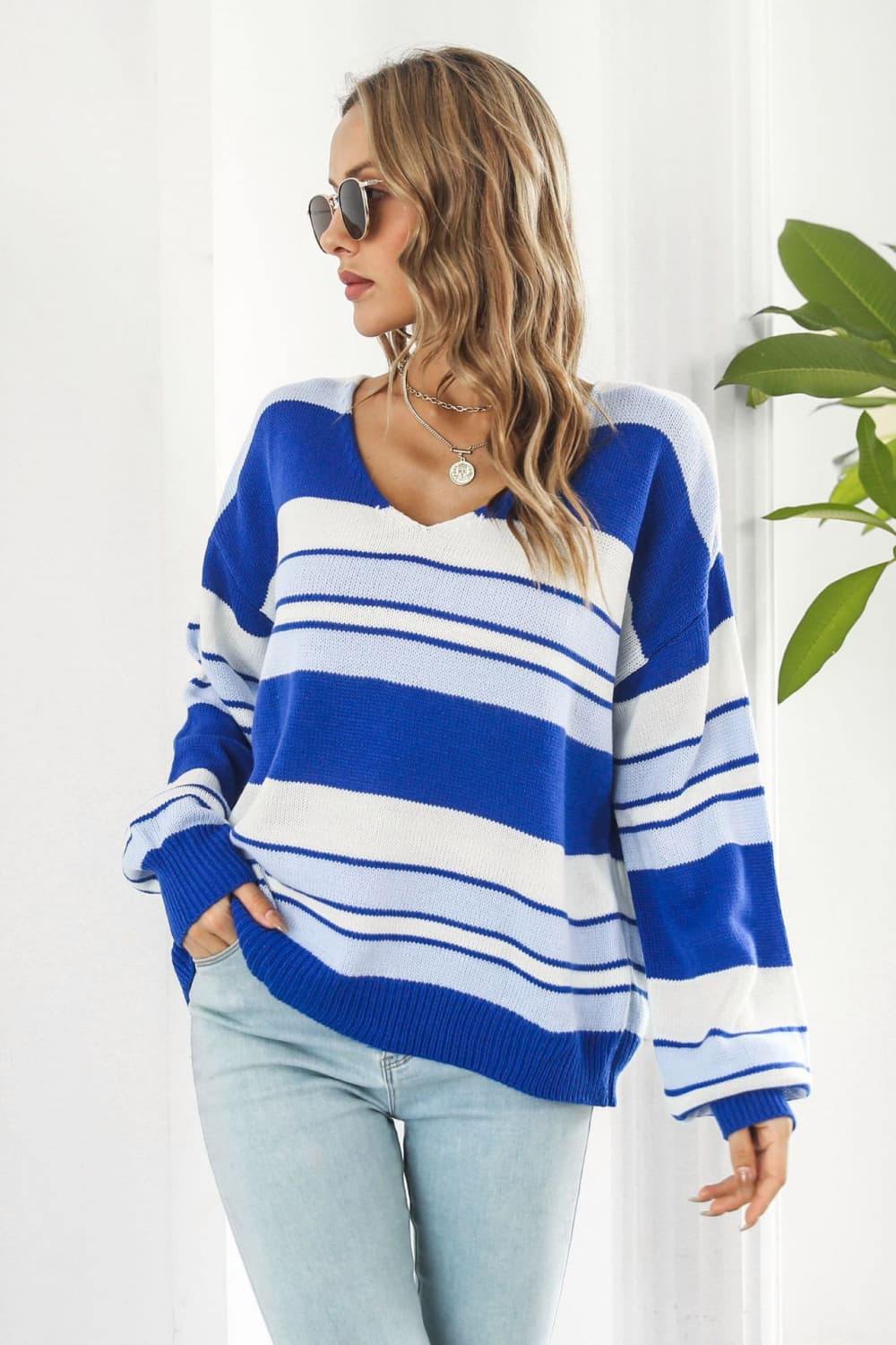 Striped V-Neck Dropped Shoulder Sweater - Flyclothing LLC