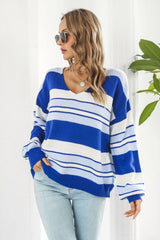 Striped V-Neck Dropped Shoulder Sweater - Flyclothing LLC