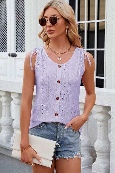 Eyelet Round Neck Wide Strap Tank - Trendsi - Flyclothing LLC
