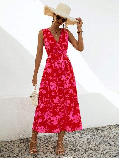 Tied Printed Surplice Tiered Dress - Trendsi - Flyclothing LLC