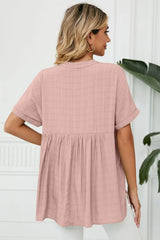Side Slit Notched Neck Cuffed Short Sleeve Blouse - Trendsi - Flyclothing LLC