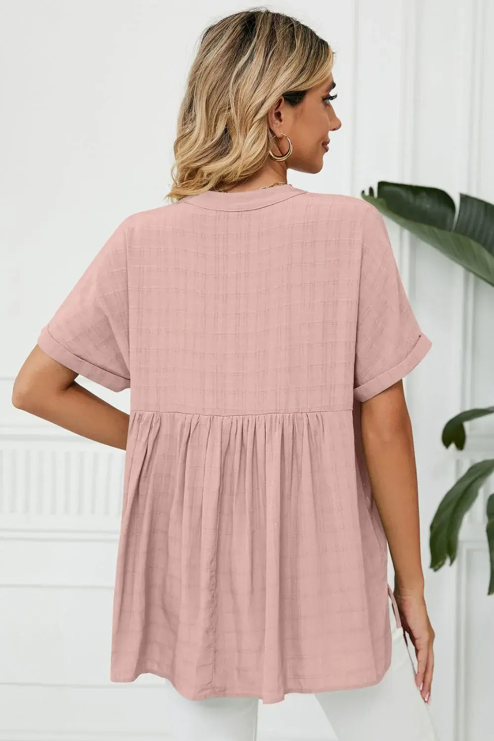 Side Slit Notched Neck Cuffed Short Sleeve Blouse - Trendsi - Flyclothing LLC