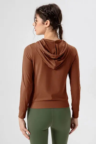 Drawstring Zip Up Hooded Active Outerwear - Trendsi - Flyclothing LLC