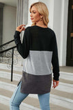 Color Block Round Neck Long Sleeve Slit T-Shirt - Trendsi - Flyclothing LLC