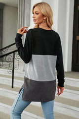 Color Block Round Neck Long Sleeve Slit T-Shirt - Trendsi