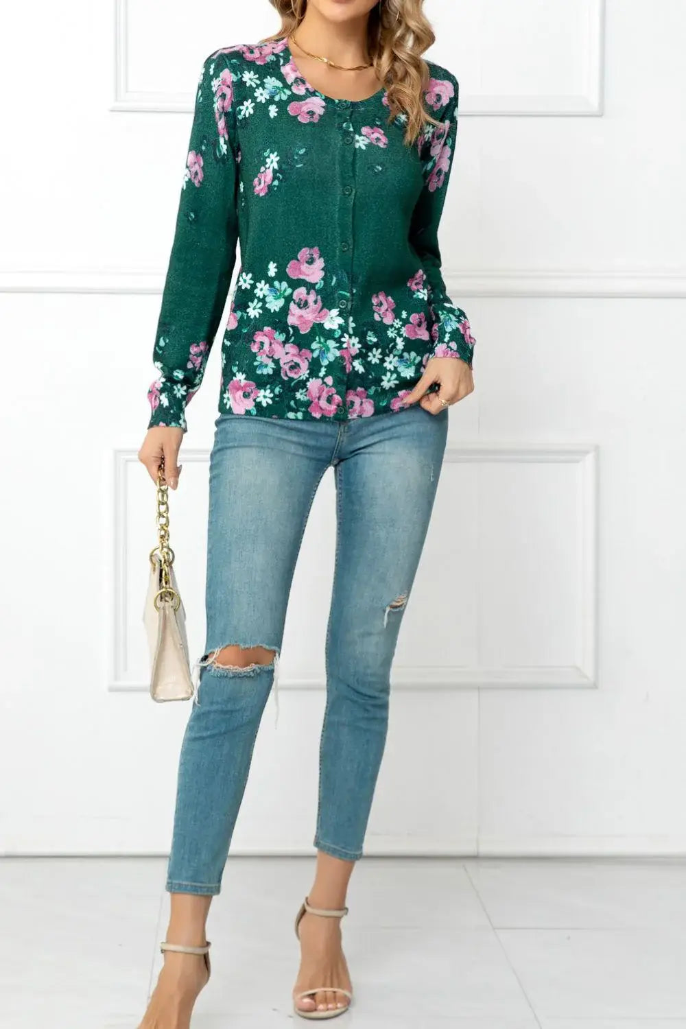 Floral Button Front Round Neck Cardigan - Trendsi - Flyclothing LLC