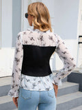 Floral Frill Trim Flounce Sleeve Drawstring Blouse - Trendsi - Flyclothing LLC
