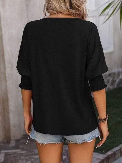 Heathered Notched Lantern Sleeve Blouse - Trendsi - Flyclothing LLC