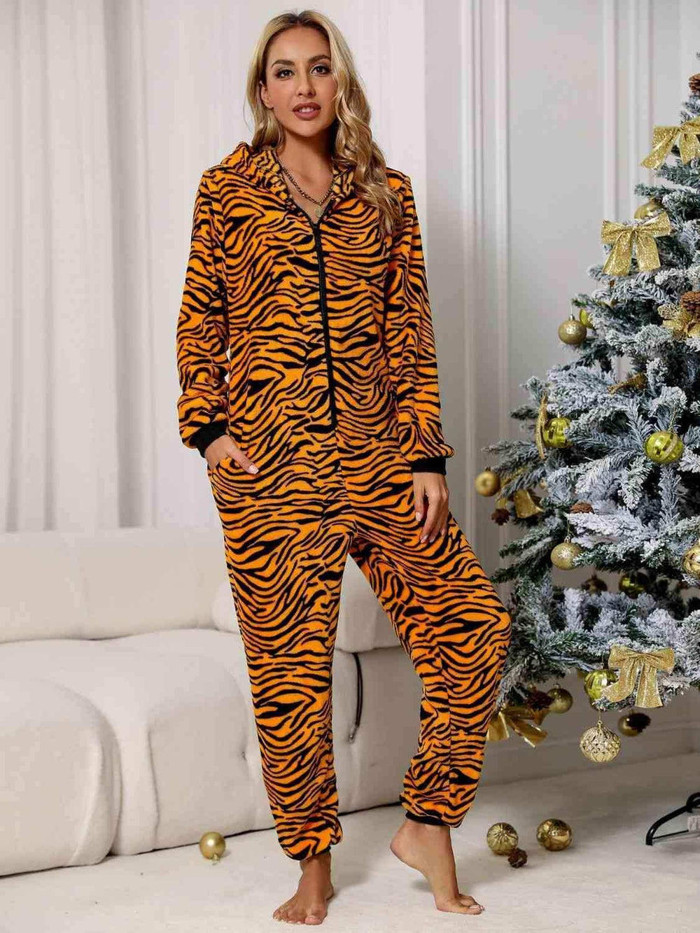 Animal Print Zip Front Lounge Jumpsuit with Pockets - Trendsi - Flyclothing LLC
