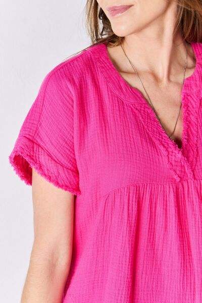 Zenana Full Size Raw Hem Short Sleeve Top - Trendsi - Flyclothing LLC