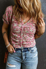 Ruched Printed Puff Sleeve Blouse - Trendsi - Flyclothing LLC