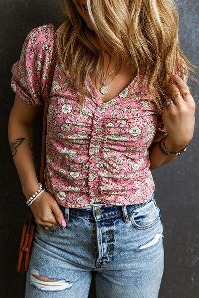 Ruched Printed Puff Sleeve Blouse - Trendsi - Flyclothing LLC