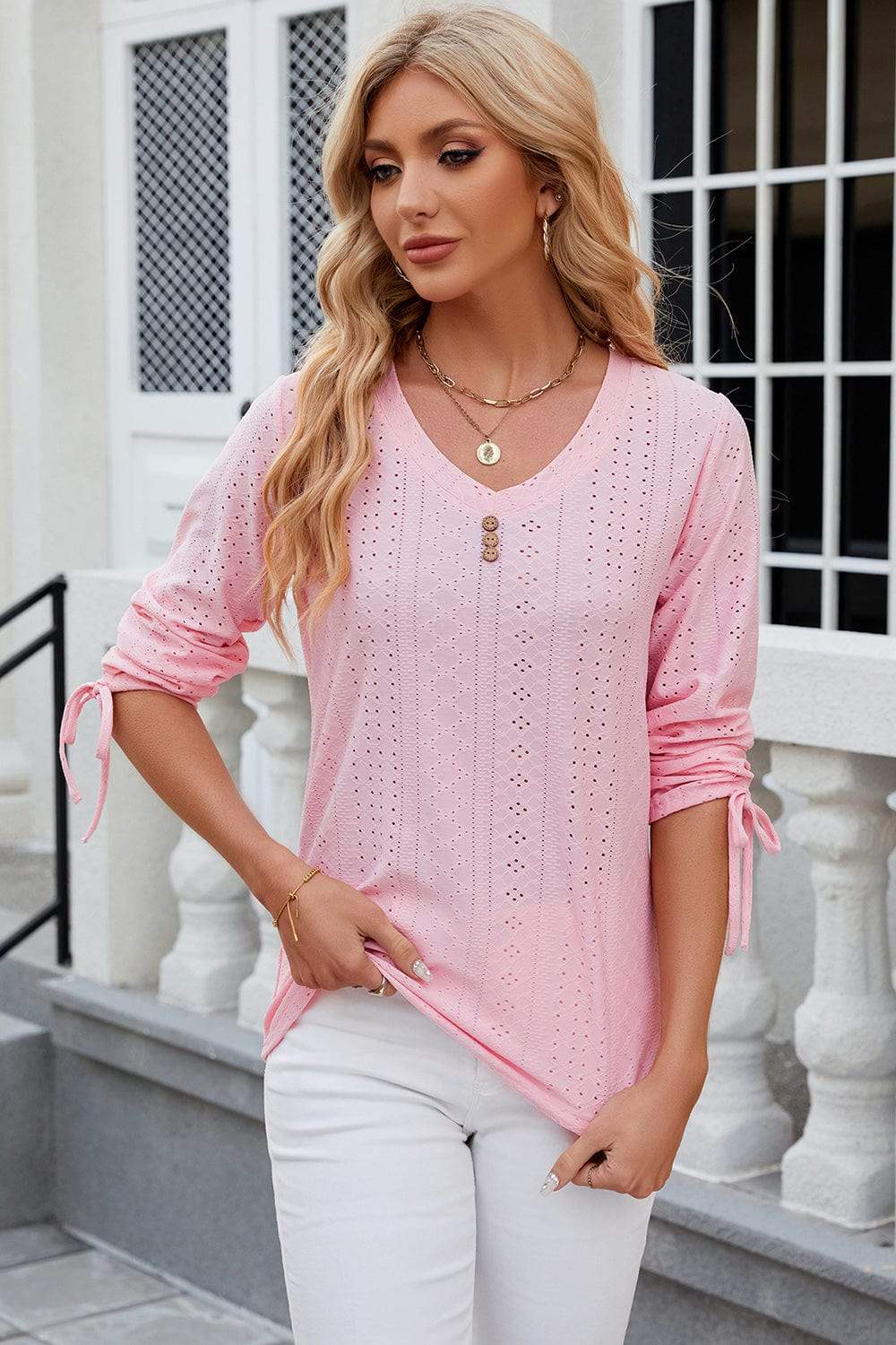 Eyelet Drawstring V-Neck Half Sleeve T-Shirt - Trendsi - Flyclothing LLC