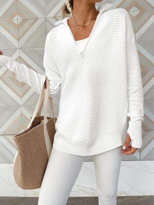 Half Zip Long Sleeve Knit Top - Trendsi - Flyclothing LLC