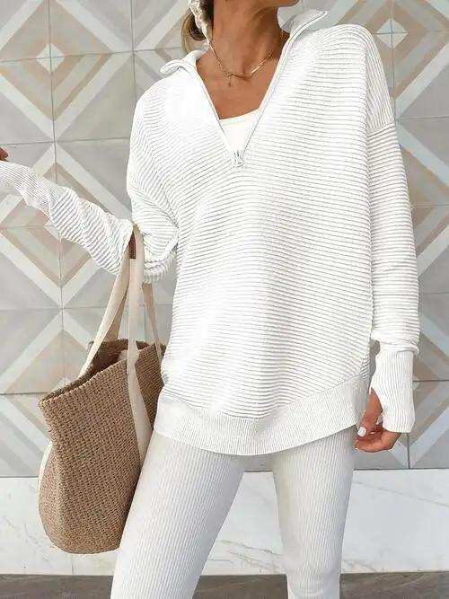Half Zip Long Sleeve Knit Top - Trendsi - Flyclothing LLC
