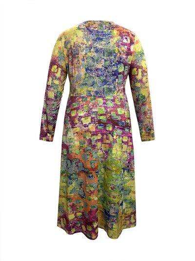 Plus Size Printed Round Neck Long Sleeve Dress - Trendsi - Flyclothing LLC