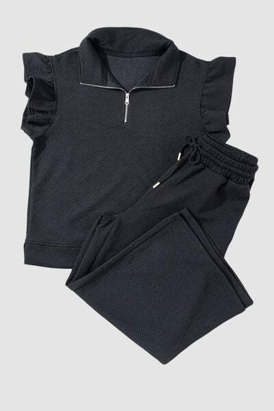 Ruffled Quarter Zip Top and Drawstring Pants Set - Trendsi - Flyclothing LLC