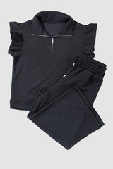 Ruffled Quarter Zip Top and Drawstring Pants Set - Trendsi - Flyclothing LLC