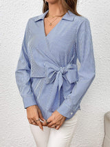 Bow Tie Waist Johnny Collar Neck Striped Blouse - Trendsi - Flyclothing LLC