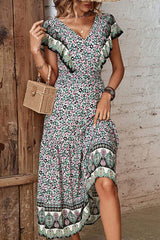 Ditsy Floral Ruffled Plunge Dress - Trendsi - Flyclothing LLC