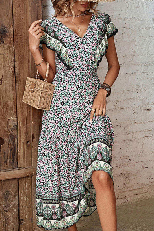 Ditsy Floral Ruffled Plunge Dress - Trendsi - Flyclothing LLC