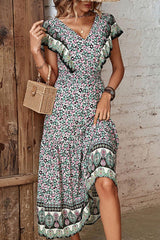 Ditsy Floral Ruffled Plunge Dress - Trendsi