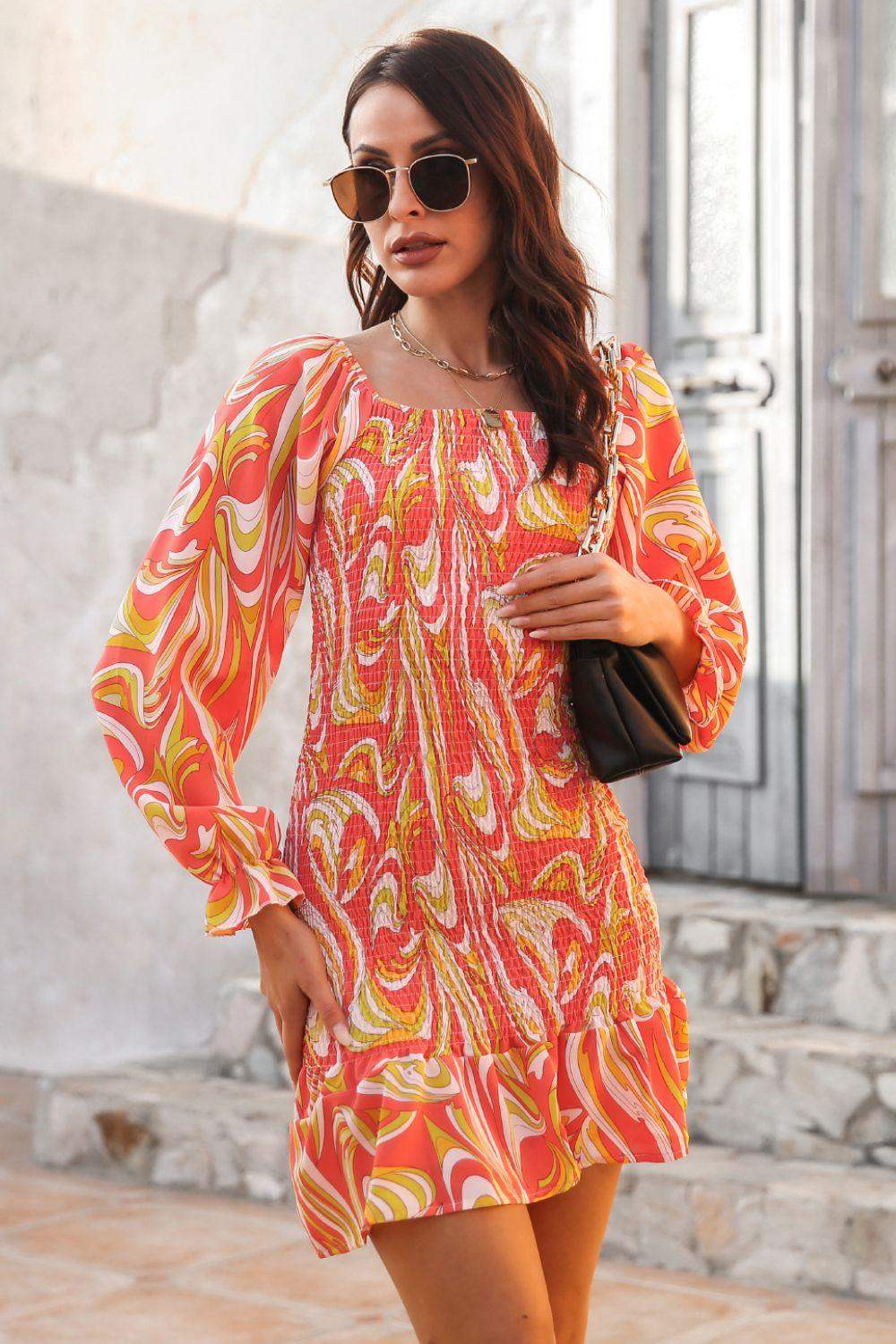 Abstract Print Square Neck Smocked Dress - Trendsi - Flyclothing LLC